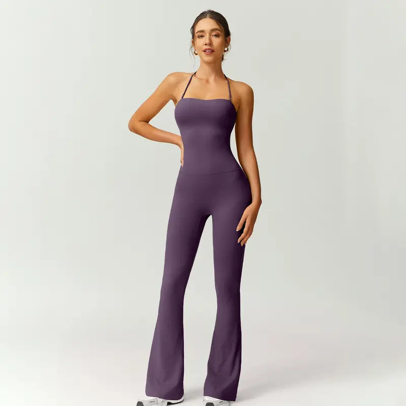 TIMEOFF Women's Halter Neck High Waist Butt Lifting Bodycon Flared Leg Yoga Jumpsuit