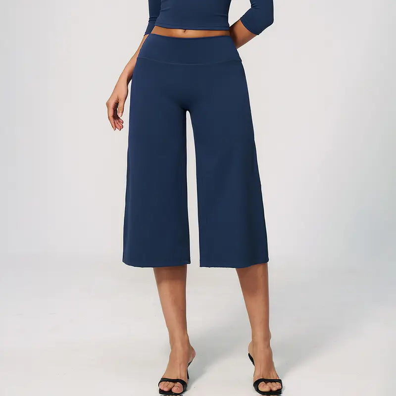 TIMEOFF Women's High Waist V‑Shaped Back Cropped Wide Leg Capris