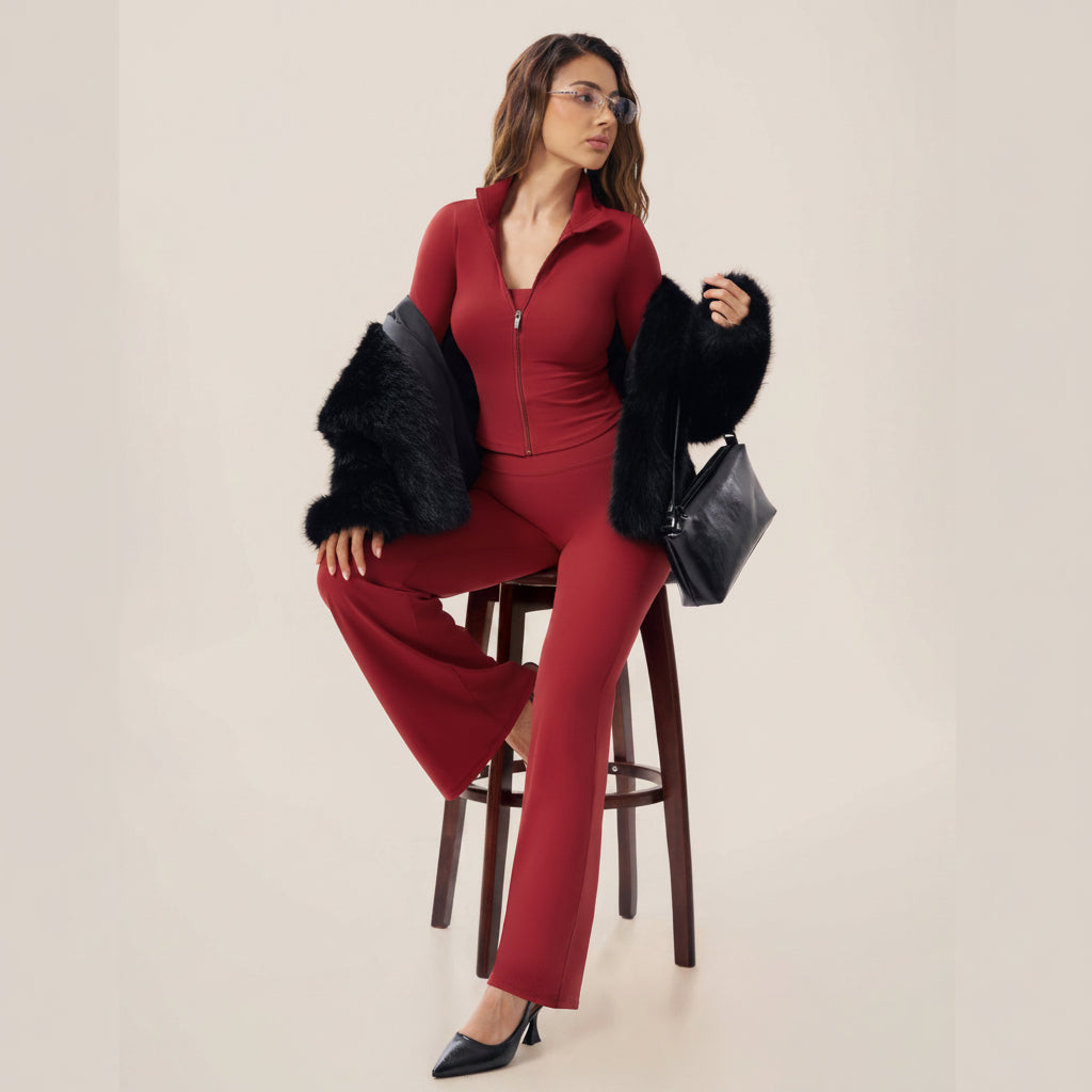 Zip‑Up Cropped Jacket & High Waist Flare Pants Activewear 2‑Piece Set