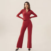 Zip‑Up Cropped Jacket & High Waist Flare Pants Activewear 2‑Piece Set
