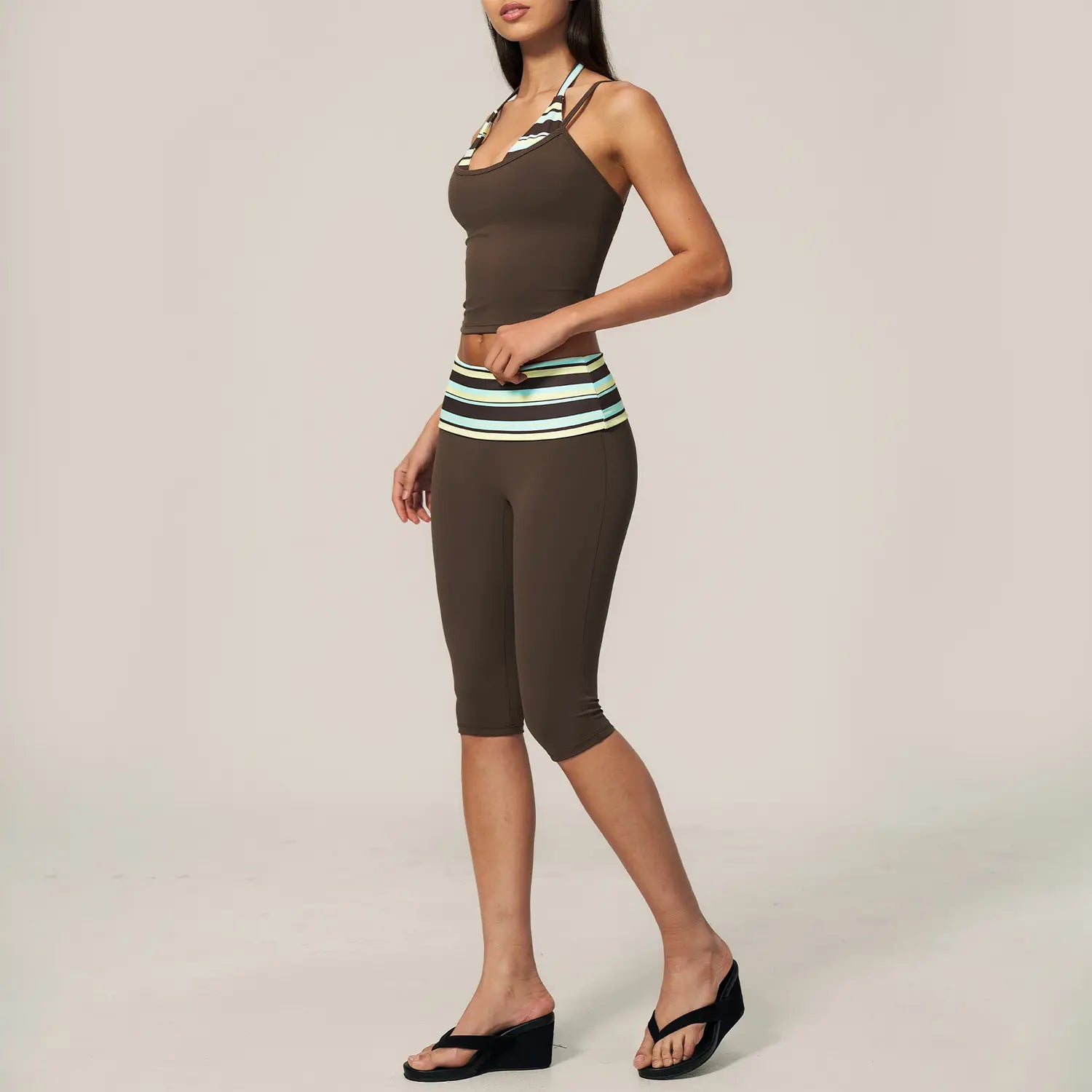TIMEOFF Halter Tank Top & Fold Over Waist Capri Leggings Active Set