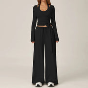 2 Piece Active Set Wrap Tie Long Sleeve Top & Drawstring Wide Leg Pants