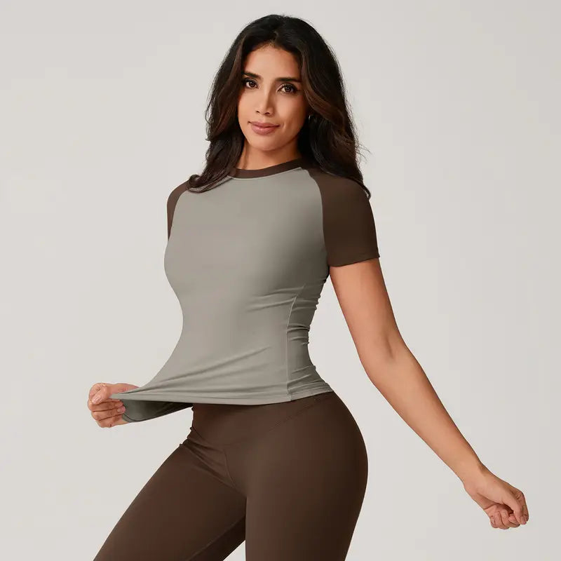TimeOFF Women's Color Block Raglan Short Sleeve Workout Top