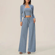 Striped Zip‑Up Long Sleeve Crop Top & Drawstring Wide Leg Pants 2 Piece Loungewear Set