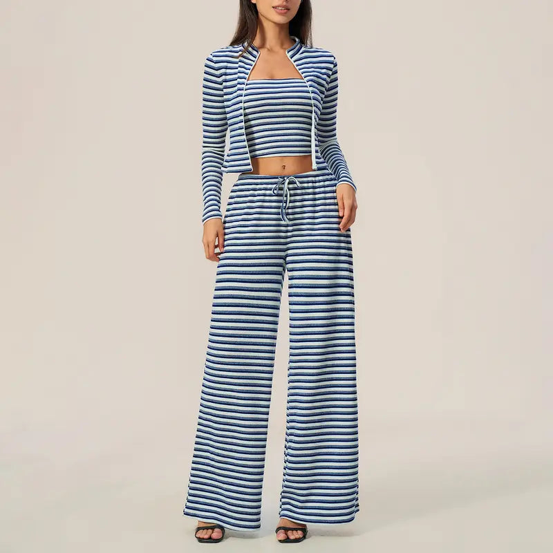 Striped Zip‑Up Long Sleeve Crop Top & Drawstring Wide Leg Pants 2 Piece Loungewear Set