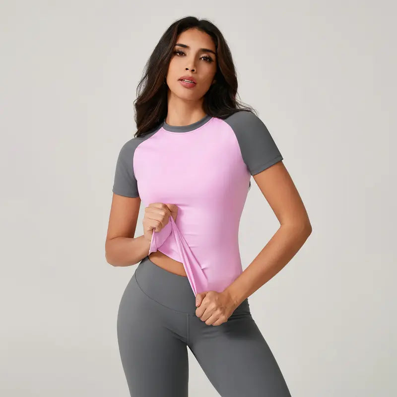 TimeOFF Women's Color Block Raglan Short Sleeve Workout Top