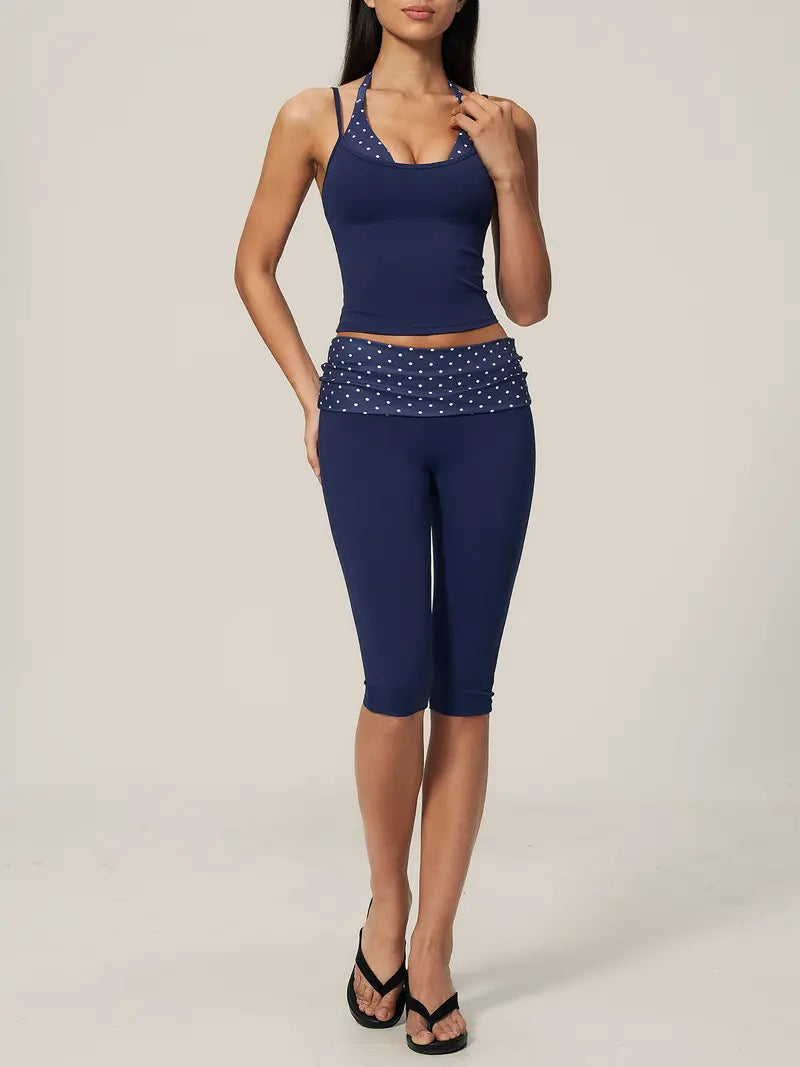 TIMEOFF Halter Tank Top & Fold Over Waist Capri Leggings Active Set