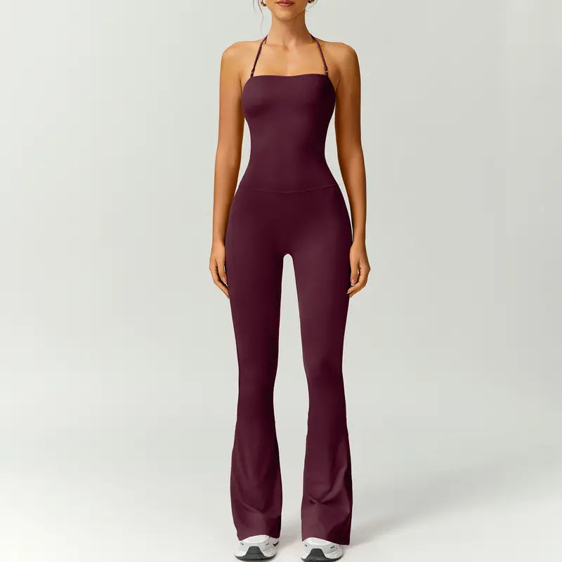 TIMEOFF Women's Halter Neck High Waist Butt Lifting Bodycon Flared Leg Yoga Jumpsuit