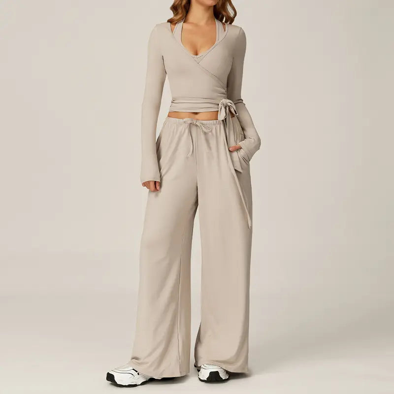 2 Piece Active Set Wrap Tie Long Sleeve Top & Drawstring Wide Leg Pants