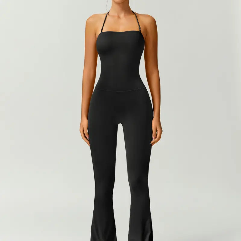 TIMEOFF Women's Halter Neck High Waist Butt Lifting Bodycon Flared Leg Yoga Jumpsuit