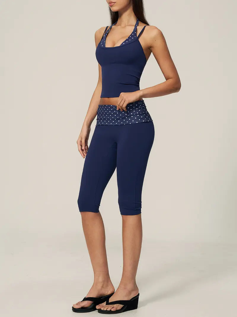 TIMEOFF Halter Tank Top & Fold Over Waist Capri Leggings Active Set