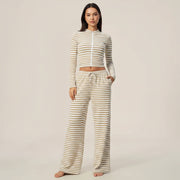 Striped Zip‑Up Long Sleeve Crop Top & Drawstring Wide Leg Pants 2 Piece Loungewear Set