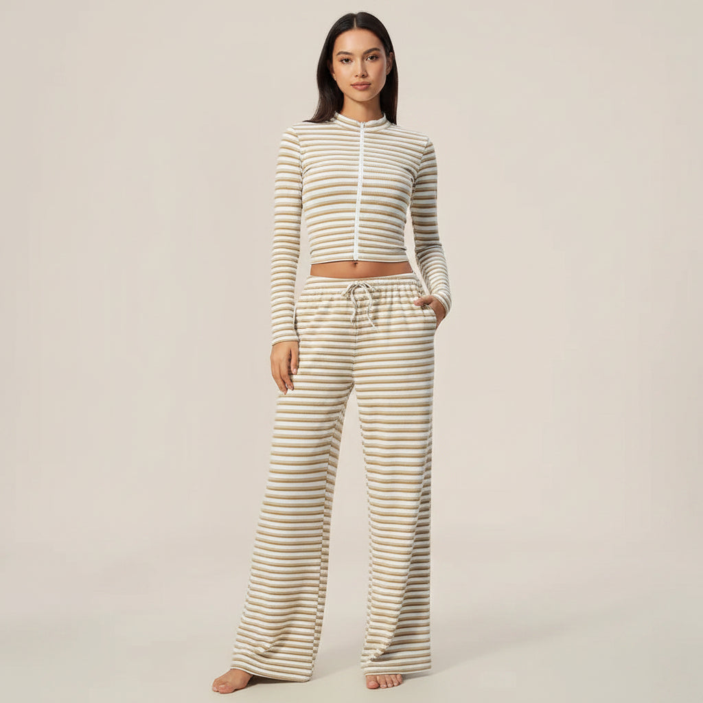 Striped Zip‑Up Long Sleeve Crop Top & Drawstring Wide Leg Pants 2 Piece Loungewear Set