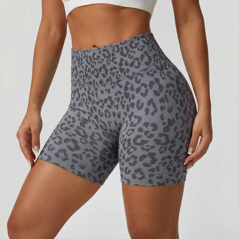 Women's Wide High Waist Leopard Print Ribbed Biker Shorts