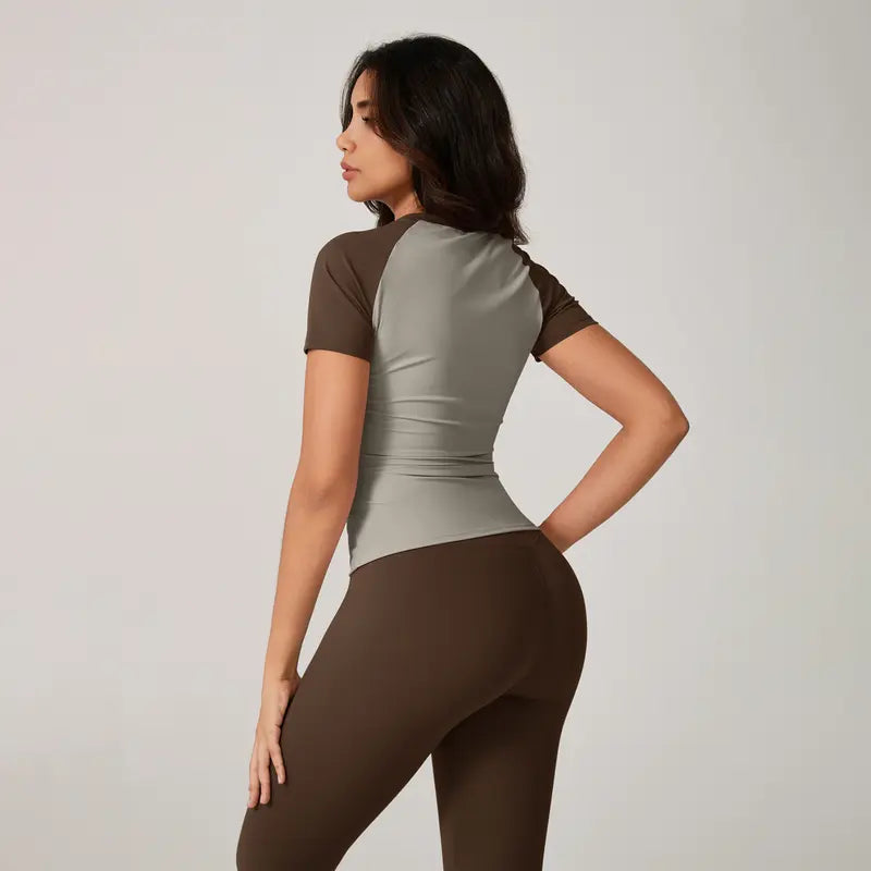 TimeOFF Women's Color Block Raglan Short Sleeve Workout Top