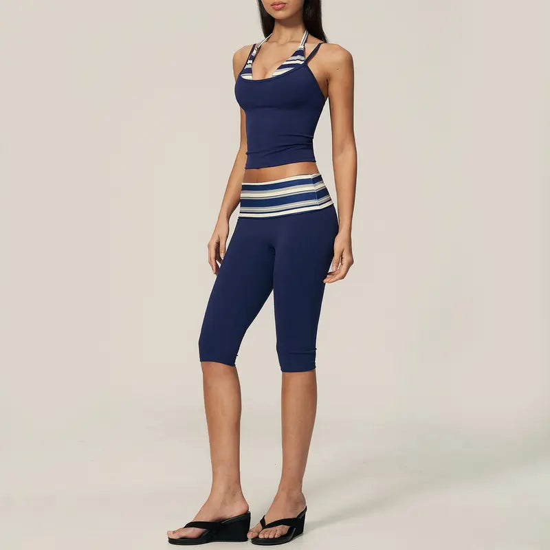 TIMEOFF Halter Tank Top & Fold Over Waist Capri Leggings Active Set