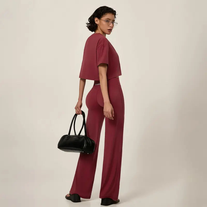 Oversized Crop Top & High Waist Wide Leg Pants Active Set