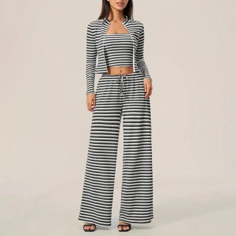 Striped Zip‑Up Long Sleeve Crop Top & Drawstring Wide Leg Pants 2 Piece Loungewear Set