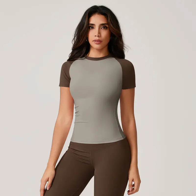 TimeOFF Women's Color Block Raglan Short Sleeve Workout Top