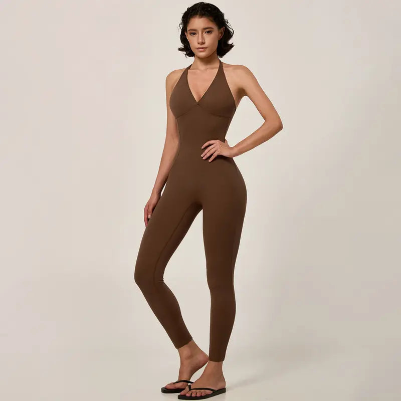 TIMEOFF Women's Halter U Back Full Length Workout Jumpsuit