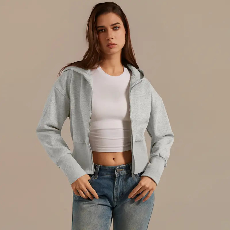 TIMEOFF Women's Cropped Hooded Zip-Up Long Sleeve Gym Jacket