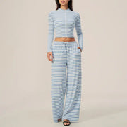 Striped Zip‑Up Long Sleeve Crop Top & Drawstring Wide Leg Pants 2 Piece Loungewear Set