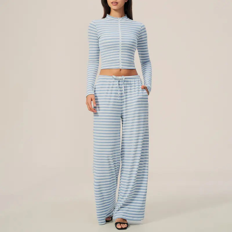 Striped Zip‑Up Long Sleeve Crop Top & Drawstring Wide Leg Pants 2 Piece Loungewear Set