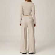 2 Piece Active Set Wrap Tie Long Sleeve Top & Drawstring Wide Leg Pants