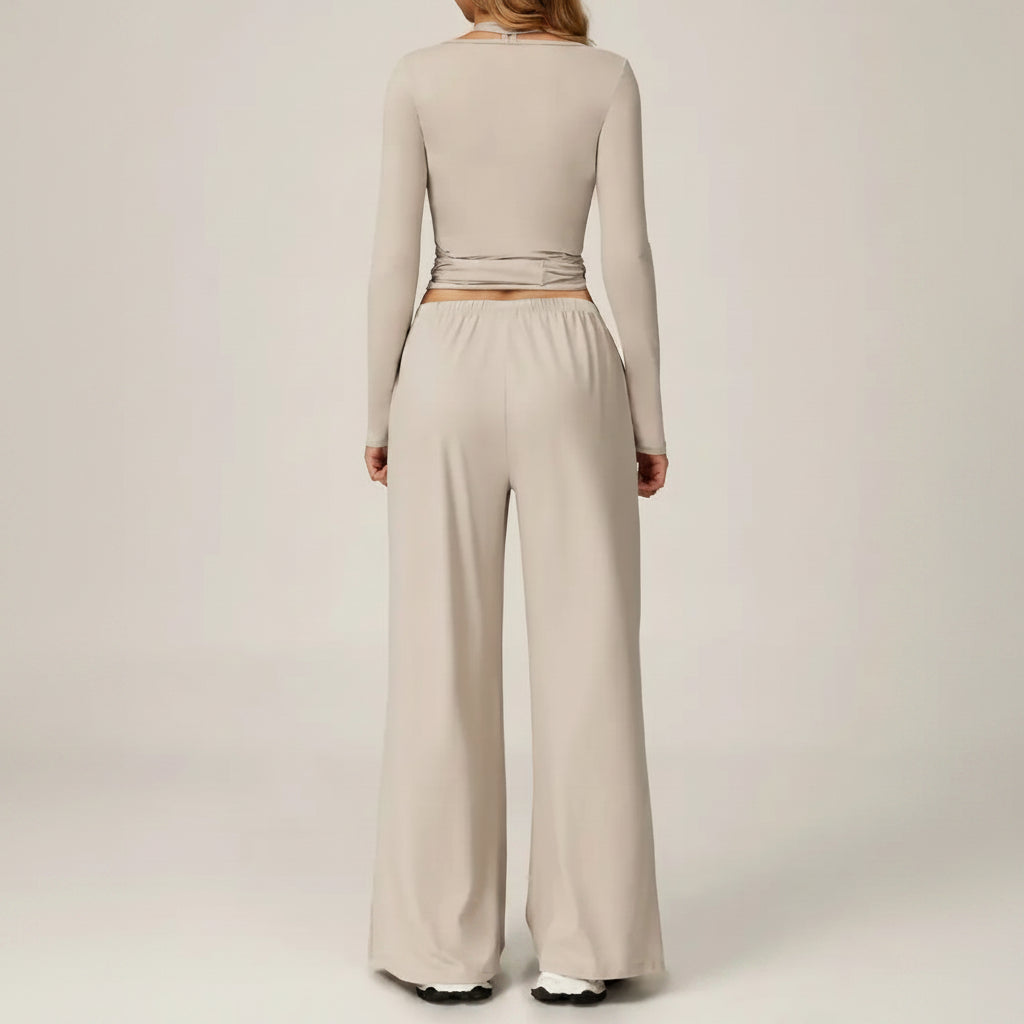 2 Piece Active Set Wrap Tie Long Sleeve Top & Drawstring Wide Leg Pants