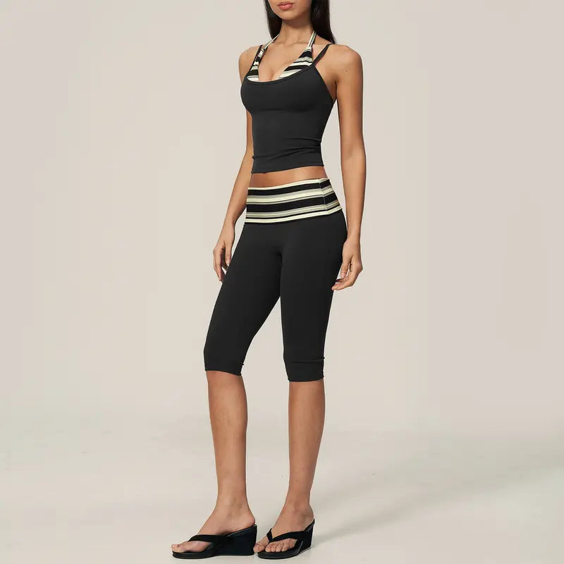 TIMEOFF Halter Tank Top & Fold Over Waist Capri Leggings Active Set