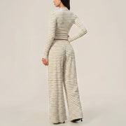 Striped Zip‑Up Long Sleeve Crop Top & Drawstring Wide Leg Pants 2 Piece Loungewear Set