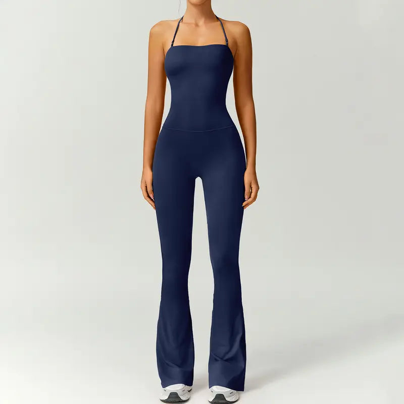 TIMEOFF Women's Halter Neck High Waist Butt Lifting Bodycon Flared Leg Yoga Jumpsuit