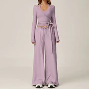 2 Piece Active Set Wrap Tie Long Sleeve Top & Drawstring Wide Leg Pants