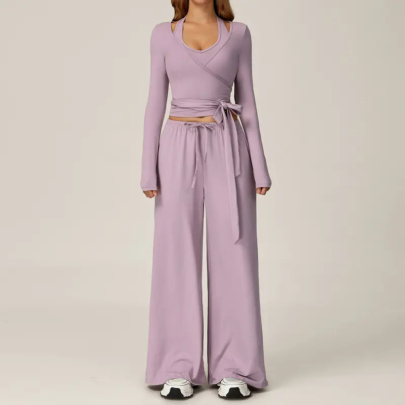 2 Piece Active Set Wrap Tie Long Sleeve Top & Drawstring Wide Leg Pants