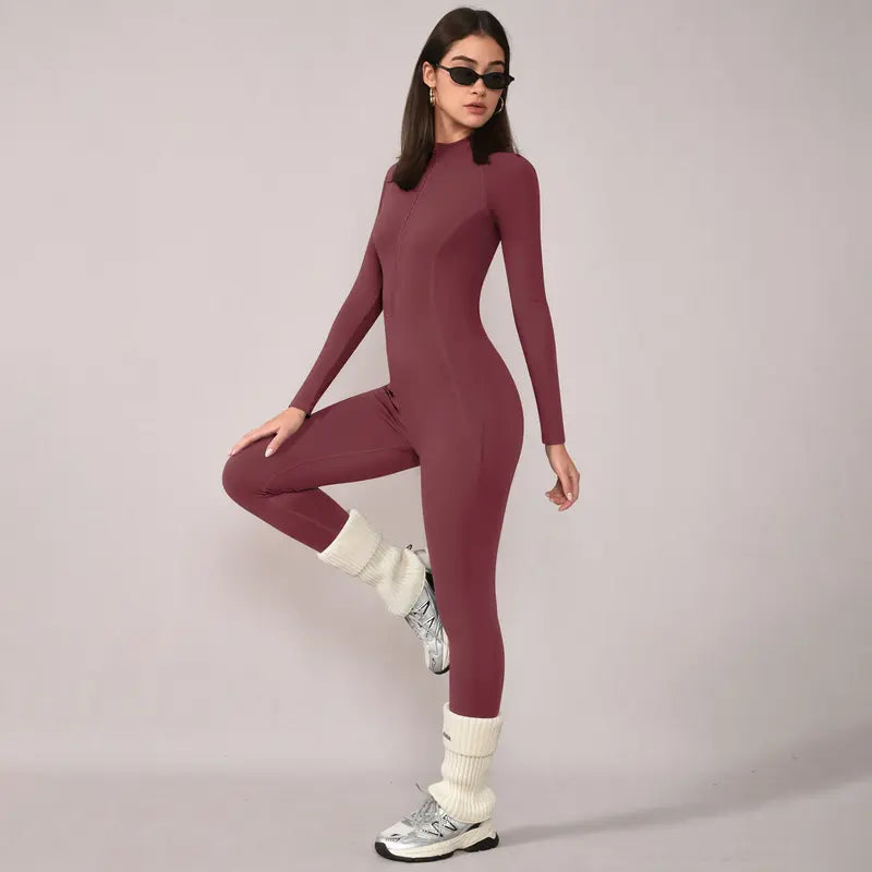 TIMEOFF Women's Long-Sleeve Fleece-Lined Mock-Neck Zip-Up Jumpsuit