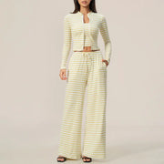 Striped Zip‑Up Long Sleeve Crop Top & Drawstring Wide Leg Pants 2 Piece Loungewear Set