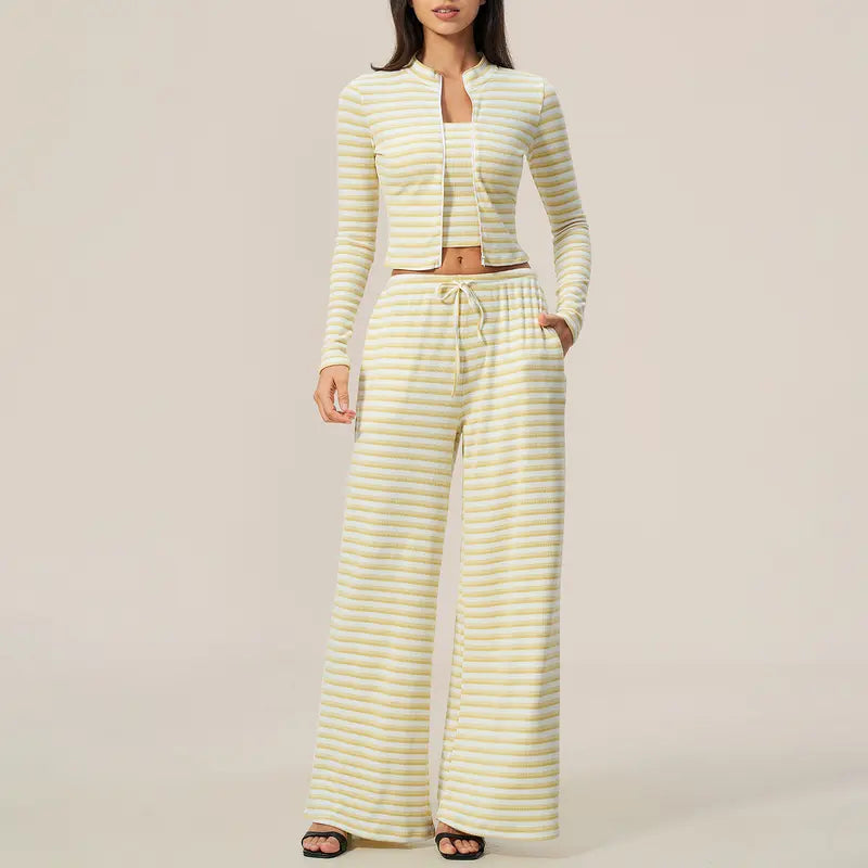Striped Zip‑Up Long Sleeve Crop Top & Drawstring Wide Leg Pants 2 Piece Loungewear Set