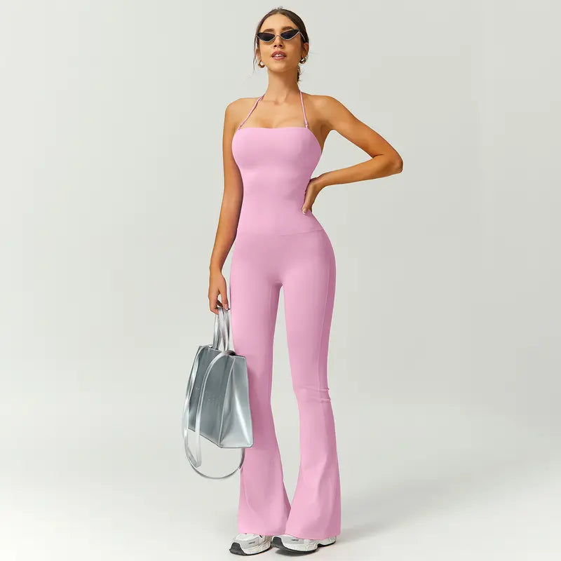 TIMEOFF Women's Halter Neck High Waist Butt Lifting Bodycon Flared Leg Yoga Jumpsuit
