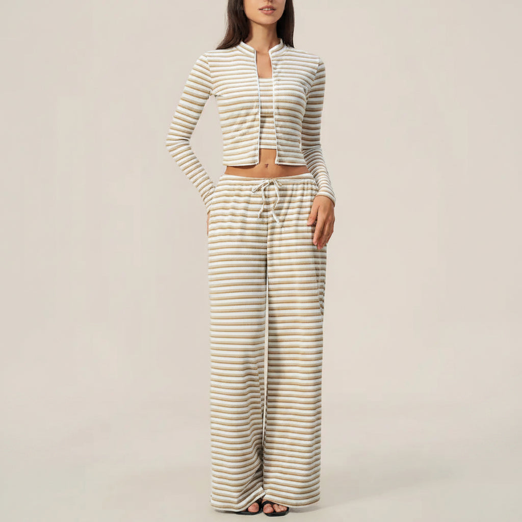Striped Zip‑Up Long Sleeve Crop Top & Drawstring Wide Leg Pants 2 Piece Loungewear Set