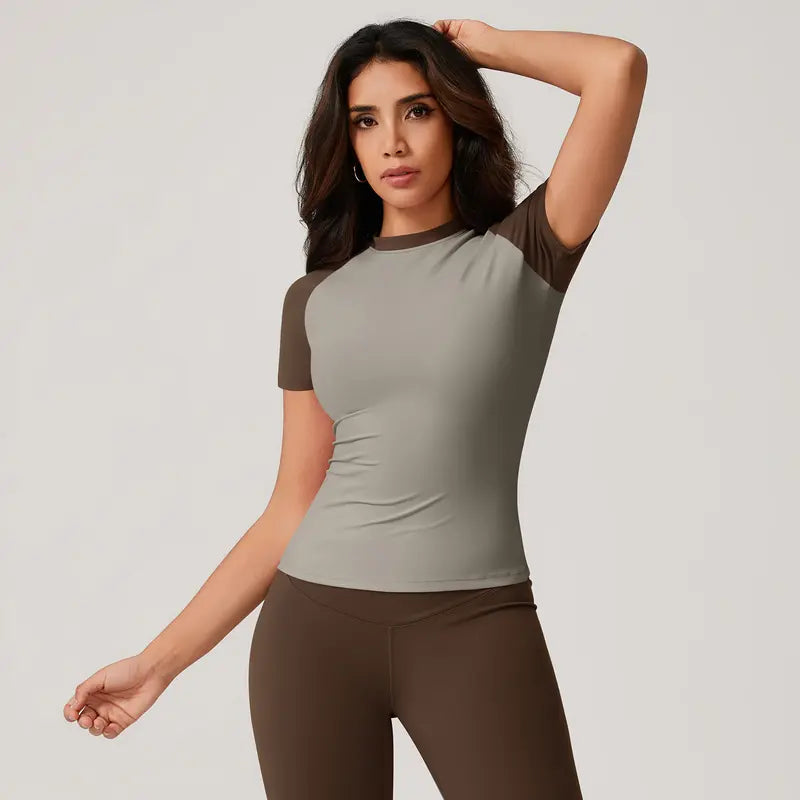 TimeOFF Women's Color Block Raglan Short Sleeve Workout Top