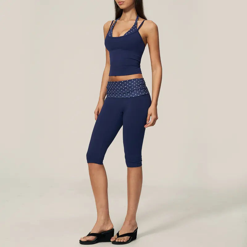 TIMEOFF Halter Tank Top & Fold Over Waist Capri Leggings Active Set