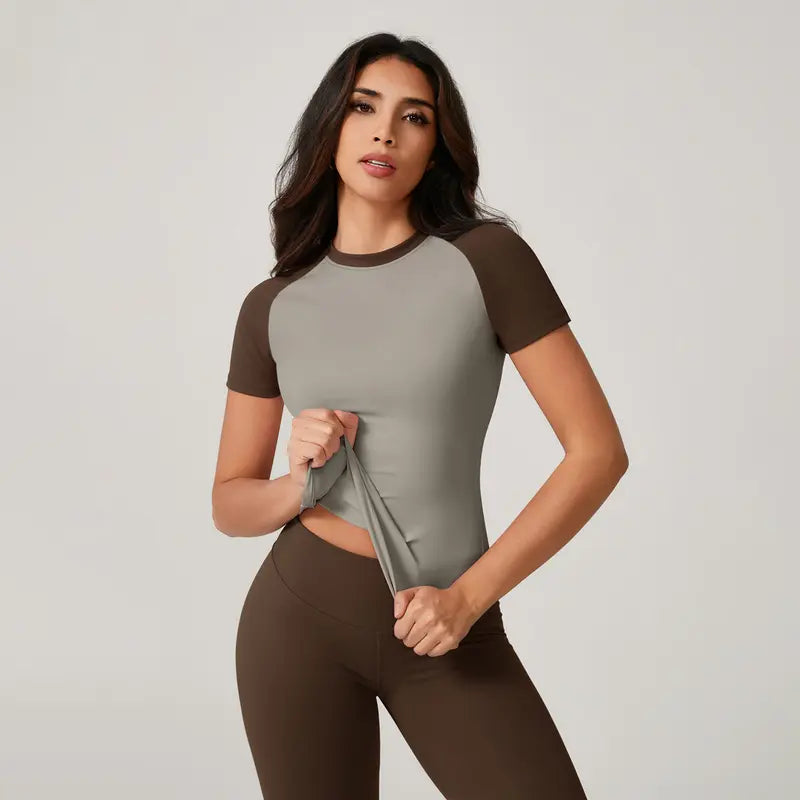 TimeOFF Women's Color Block Raglan Short Sleeve Workout Top