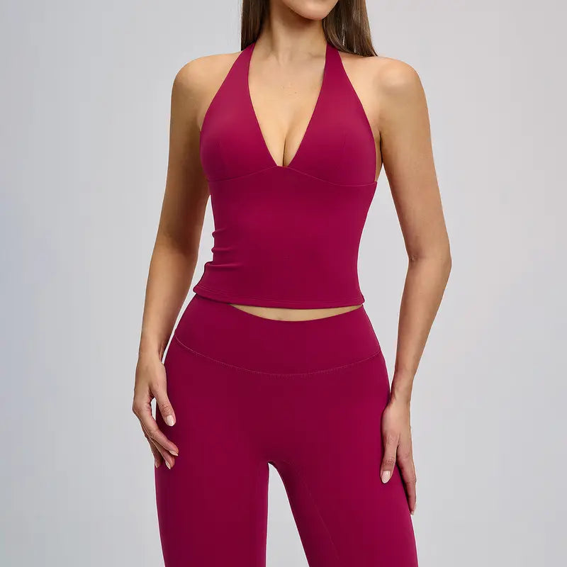TIMEOFF Women's 2-Piece Halter Open-Back Gym Workout Set