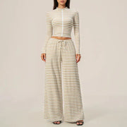 Striped Zip‑Up Long Sleeve Crop Top & Drawstring Wide Leg Pants 2 Piece Loungewear Set