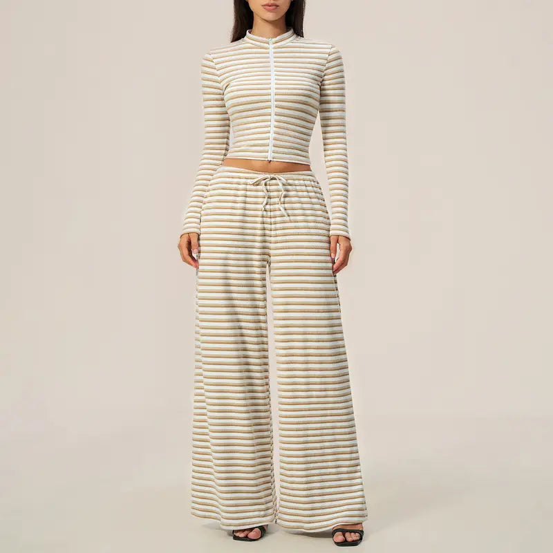 Striped Zip‑Up Long Sleeve Crop Top & Drawstring Wide Leg Pants 2 Piece Loungewear Set