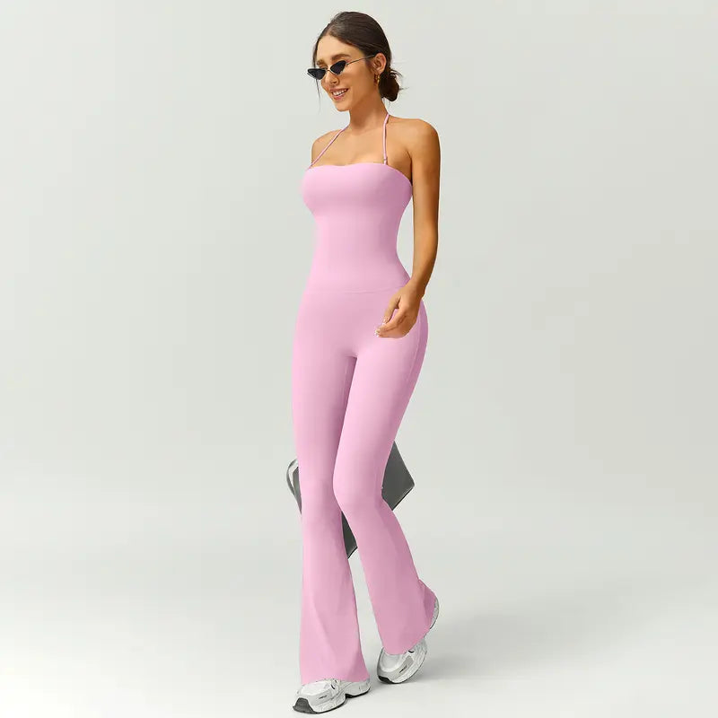 TIMEOFF Women's Halter Neck High Waist Butt Lifting Bodycon Flared Leg Yoga Jumpsuit