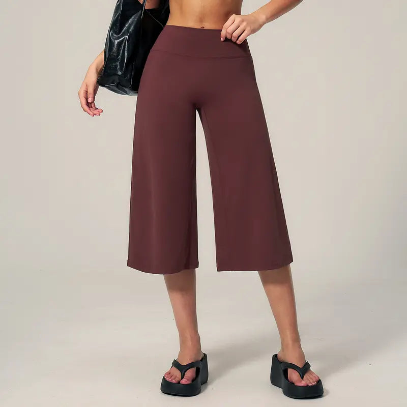 TIMEOFF Women's High Waist V‑Shaped Back Cropped Wide Leg Capris