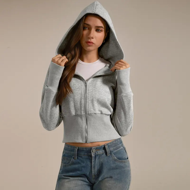 TIMEOFF Women's Cropped Hooded Zip-Up Long Sleeve Gym Jacket