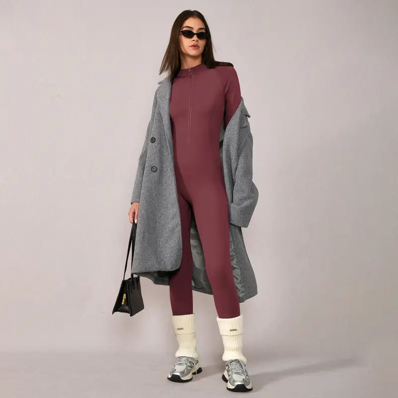 TIMEOFF Women's Long-Sleeve Fleece-Lined Mock-Neck Zip-Up Jumpsuit