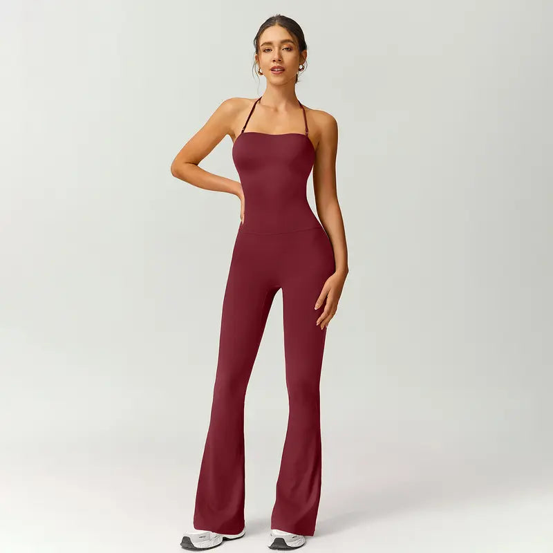TIMEOFF Women's Halter Neck High Waist Butt Lifting Bodycon Flared Leg Yoga Jumpsuit